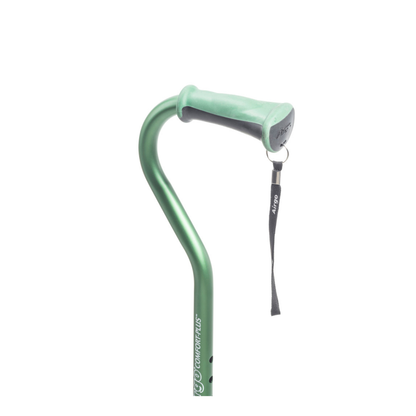 The Drive Airgo Comfort-Plus Aluminum Cane with Offset Handle features a green finish, cushioned comfort-plus handle, attached wrist strap, and "COMFORT+ PLUS" printed on the shaft, shown against a white background.