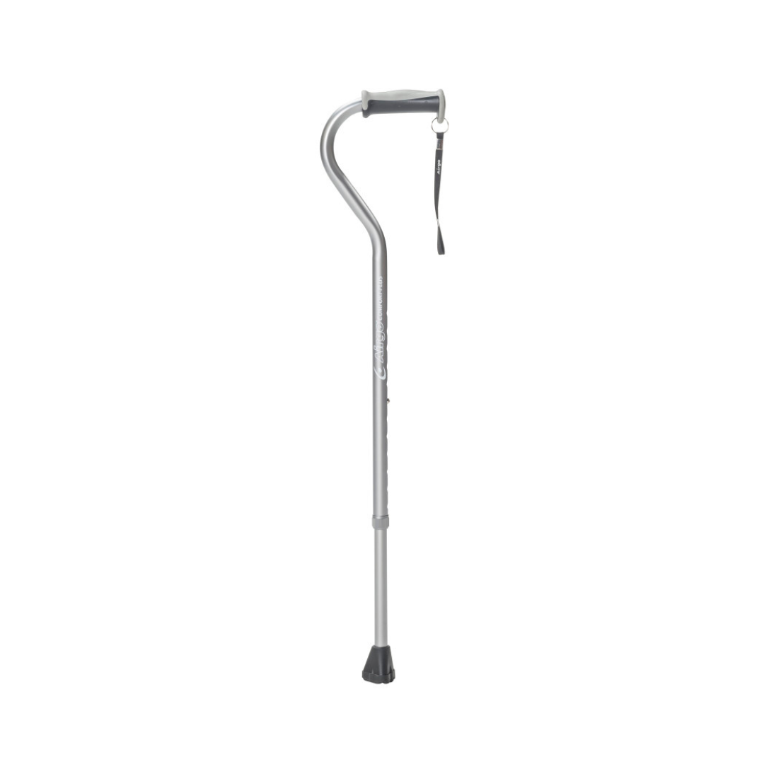 The Drive Airgo Comfort-Plus Aluminum Cane with Offset Handle features a black cushioned handle, wrist strap, and rubber tip for stability. Its silver shaft is slightly curved for ergonomic support, making it an ideal mobility aid.