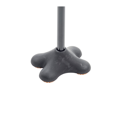 A close-up of the Drive Airgo Comfort-Plus Cane with MiniQuad Ultra-stable Tip, showcasing its four rounded, rubberized grips at the base for added stability, set against a white background.