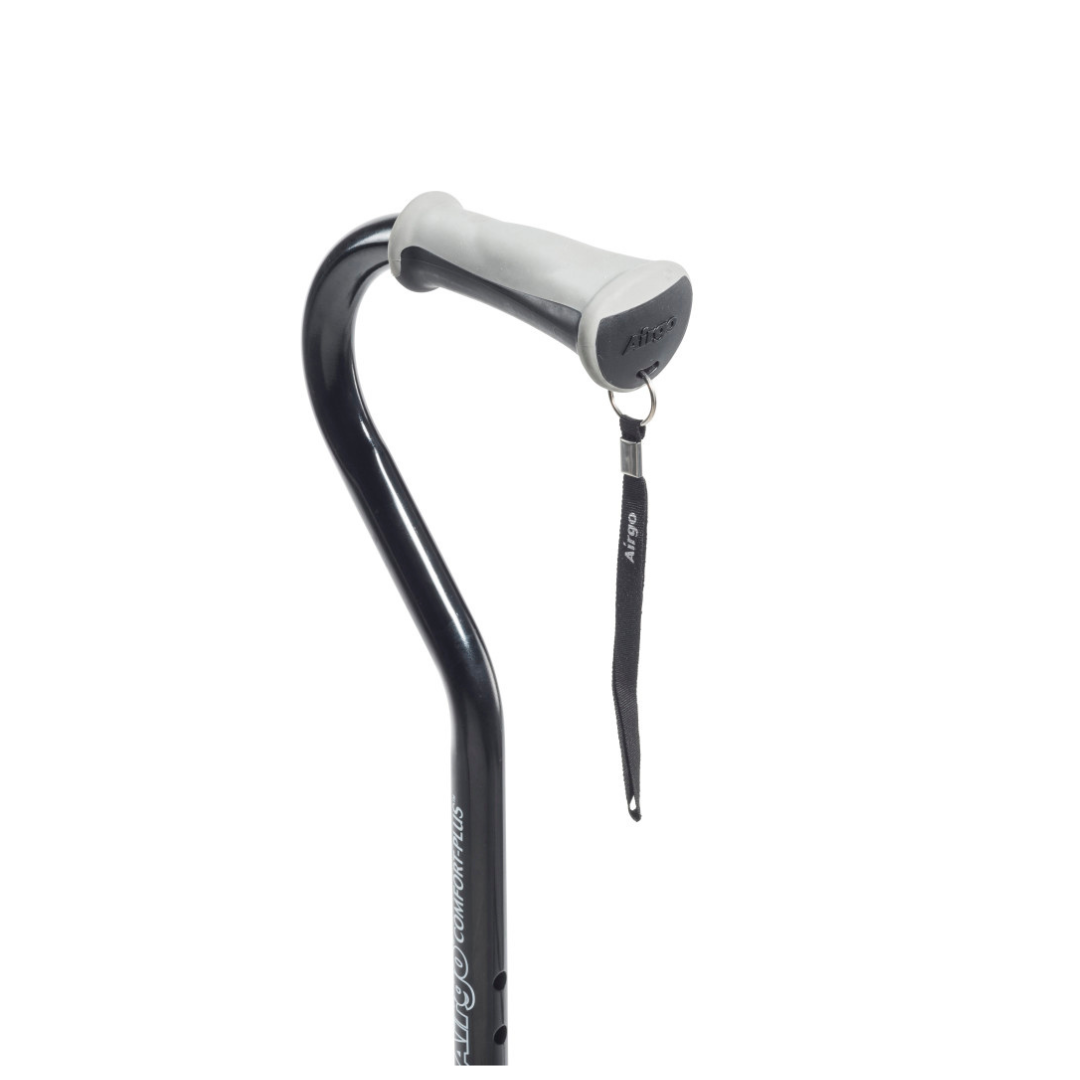 The Drive Airgo Comfort-Plus Cane with MiniQuad Ultra-stable Tip is a black adjustable cane with a curved handle, gray ergonomic grip, and a Comfort-Plus wrist strap attached.