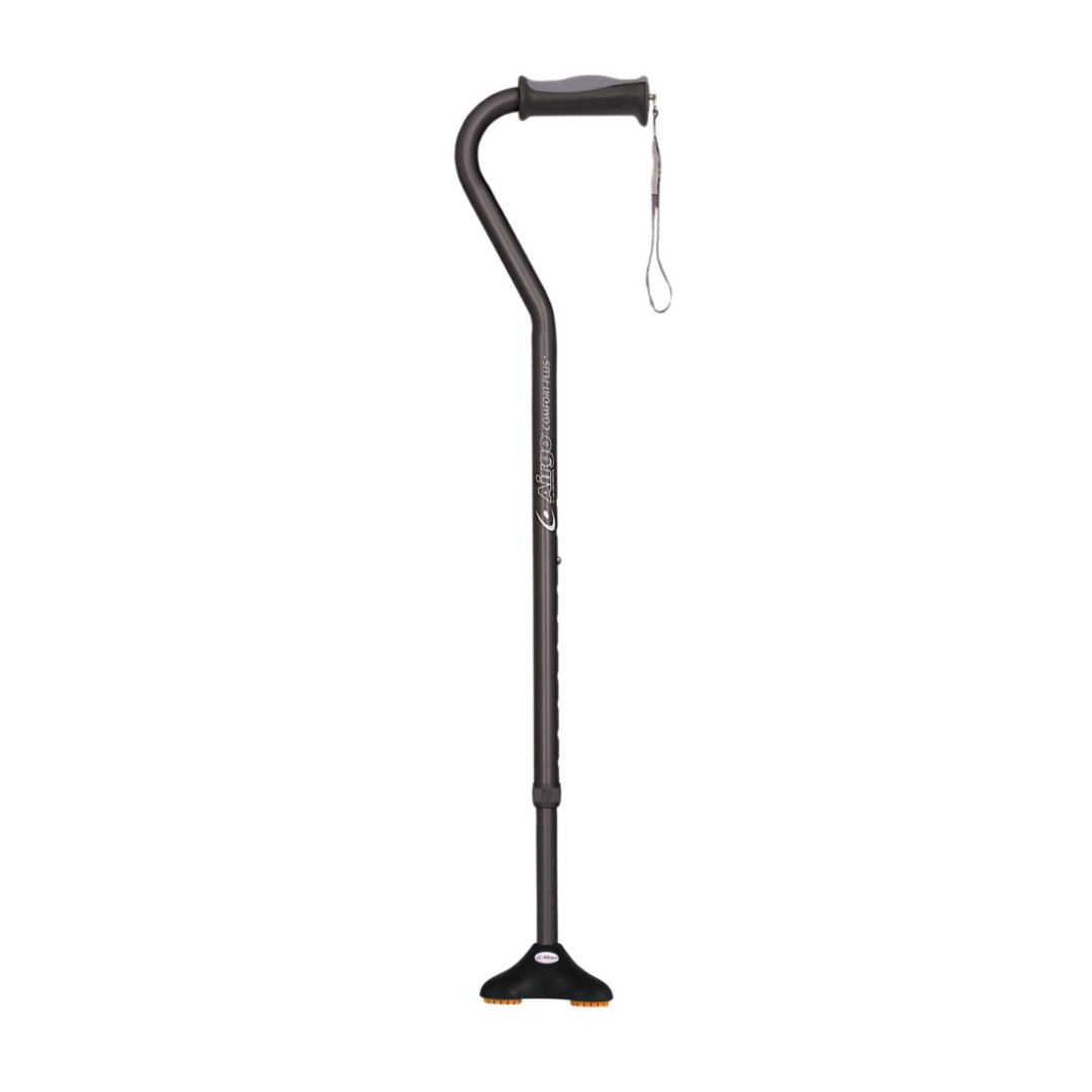 The Drive Airgo Comfort-Plus Cane with MiniQuad Ultra-stable Tip is a black, adjustable cane with a curved handle, wrist strap, and wide MiniQuad base for extra support, shown on a white background.
