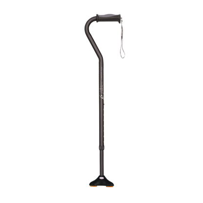The Drive Airgo Comfort-Plus Cane with MiniQuad Ultra-stable Tip is a black, adjustable cane with a curved handle, wrist strap, and wide MiniQuad base for extra support, shown on a white background.