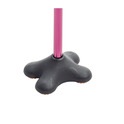 A close-up of the Drive Airgo Comfort-Plus Cane featuring a pink shaft and an ultra-stable MiniQuad black, four-pointed non-slip tip, designed for ergonomic support and enhanced stability.