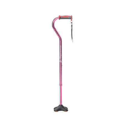 The Drive Airgo Comfort-Plus Cane with MiniQuad Ultra-stable Tip, in metallic pink, features a curved handle and wrist strap, shown against a plain white background.