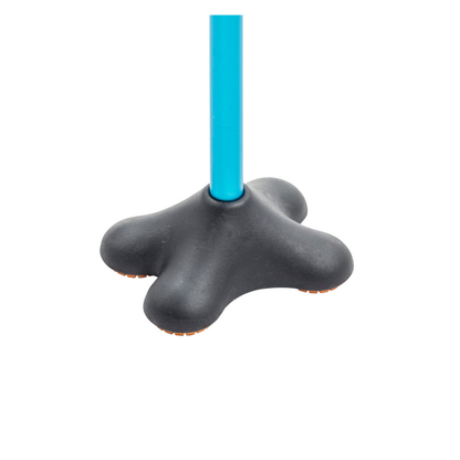 The Drive Airgo Comfort-Plus Cane with MiniQuad Ultra-stable Tip, in blue, features a black four-pronged rubber base for ergonomic support and stability, shown against a white background.