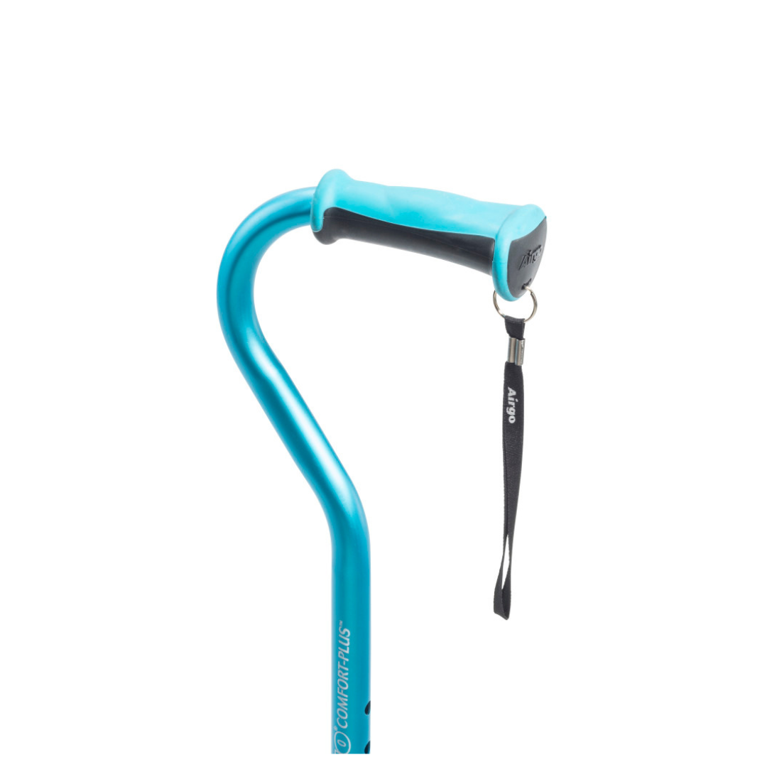 The Drive Airgo Comfort-Plus Cane with MiniQuad Ultra-stable Tip is a blue adjustable walking cane with a curved handle and black wrist strap, shown against a white background.