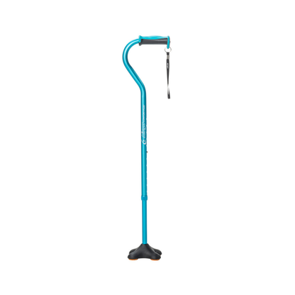 The Drive Airgo Comfort-Plus Cane with MiniQuad Ultra-stable Tip features a blue body, curved handle with black grip, wrist strap, and a stable four-footed base for extra support. This adjustable cane is designed for comfort and stability.