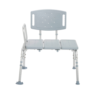 The Drive Bariatric Transfer Bench is a gray, heavy-duty bench with a backrest, armrest, and three ventilated seat panels. It features rubber-tipped legs for stability and supports individuals with mobility needs during bathing.