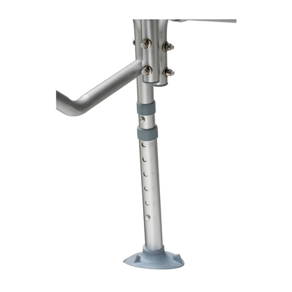 Close-up of an adjustable metal leg on the Drive Bariatric Transfer Bench, showing multiple height settings and a round rubber foot, securely fastened to the sturdy frame with screws.