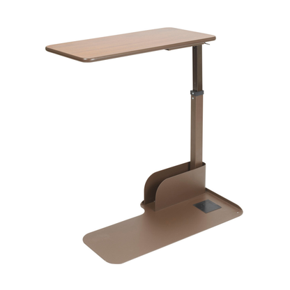The Drive Couch & Lift Chair Swivel Table features a brown adjustable rectangular wooden top, sturdy metal frame, and wide flat base that easily slides under chairs or beds—ideal for convenient surface access while seated.