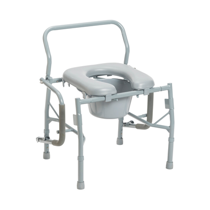 The Drive Drop Arm Steel Commode with Padded Seat is a portable, lightweight gray chair featuring a removable bucket and armrests, designed for individuals with mobility challenges.