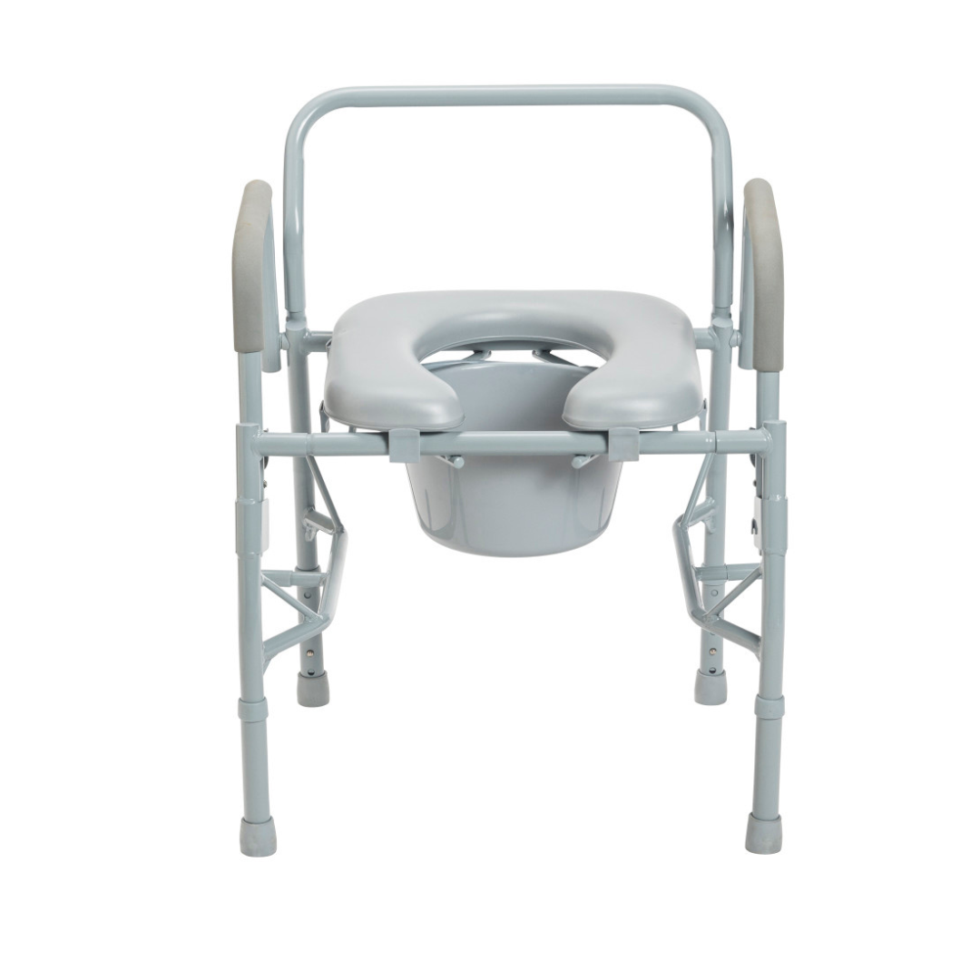 The Drive Drop Arm Steel Commode with Padded Seat is a portable gray bedside chair with a removable bucket and armrests, ideal for elderly or disabled individuals needing toileting support or as a raised toilet seat for comfort and safety.