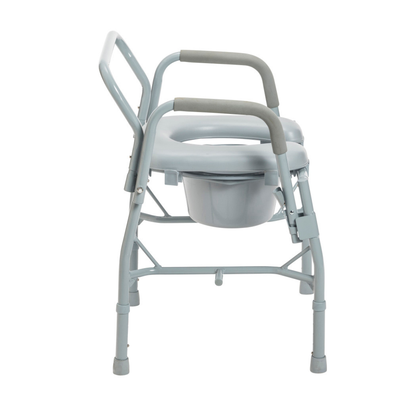 The Drive Drop Arm Steel Commode with Padded Seat is a portable gray bedside chair with armrests and a removable bucket that also works as a raised toilet seat, offering comfort and support for those with mobility challenges.