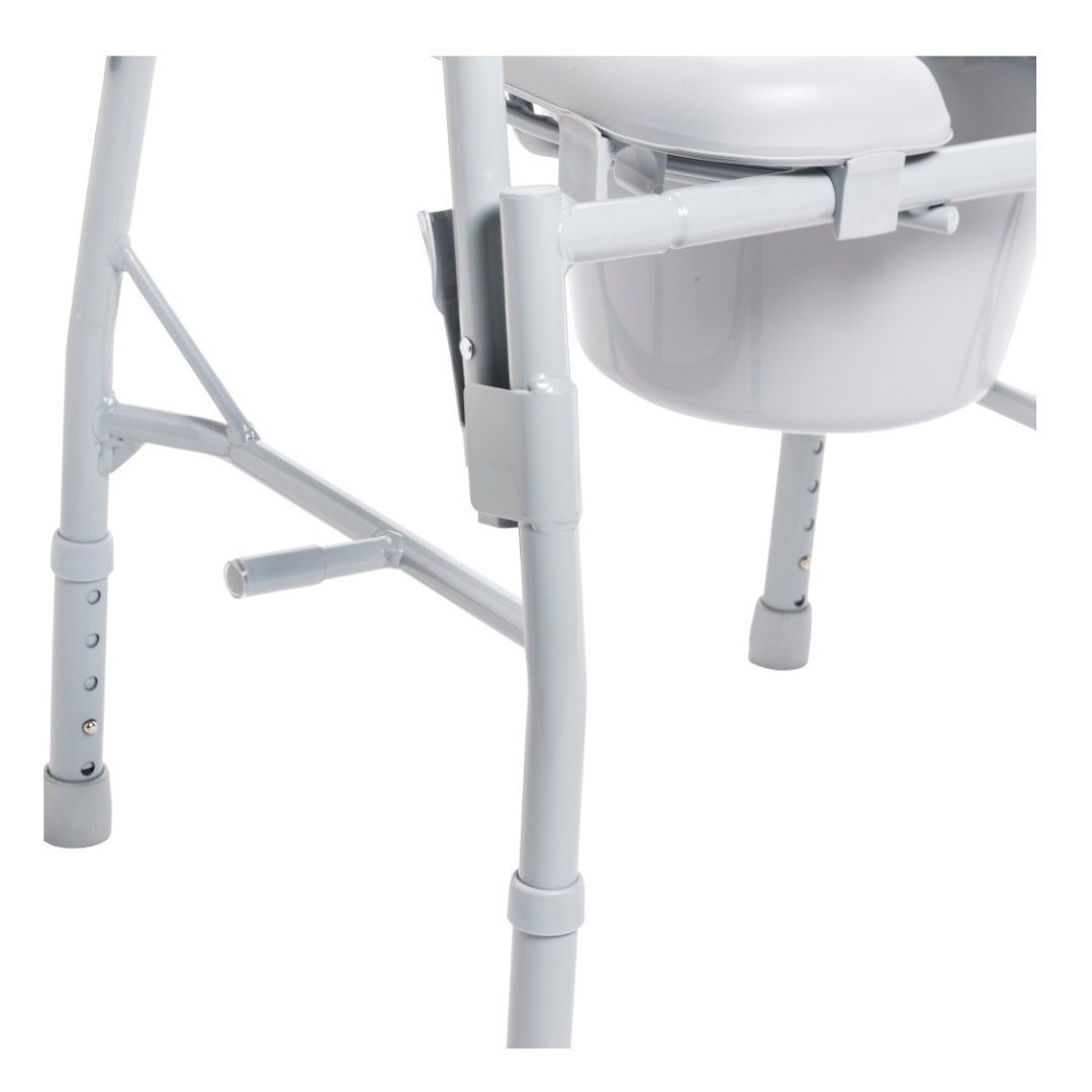 Close-up view of the Drive Drop Arm Steel Commode with Padded Seat—a white portable bedside chair with adjustable legs, a removable bucket, and features akin to a raised toilet seat for convenience and support.