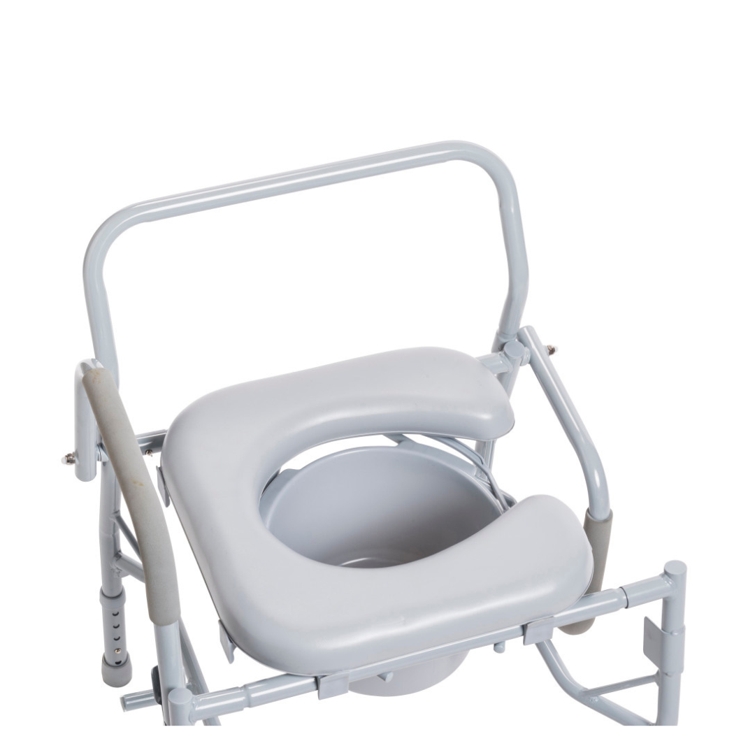 The Drive Drop Arm Steel Commode with Padded Seat is a gray bedside chair featuring an open front seat, removable bucket, and armrests to support individuals with mobility needs and improve toilet safety.