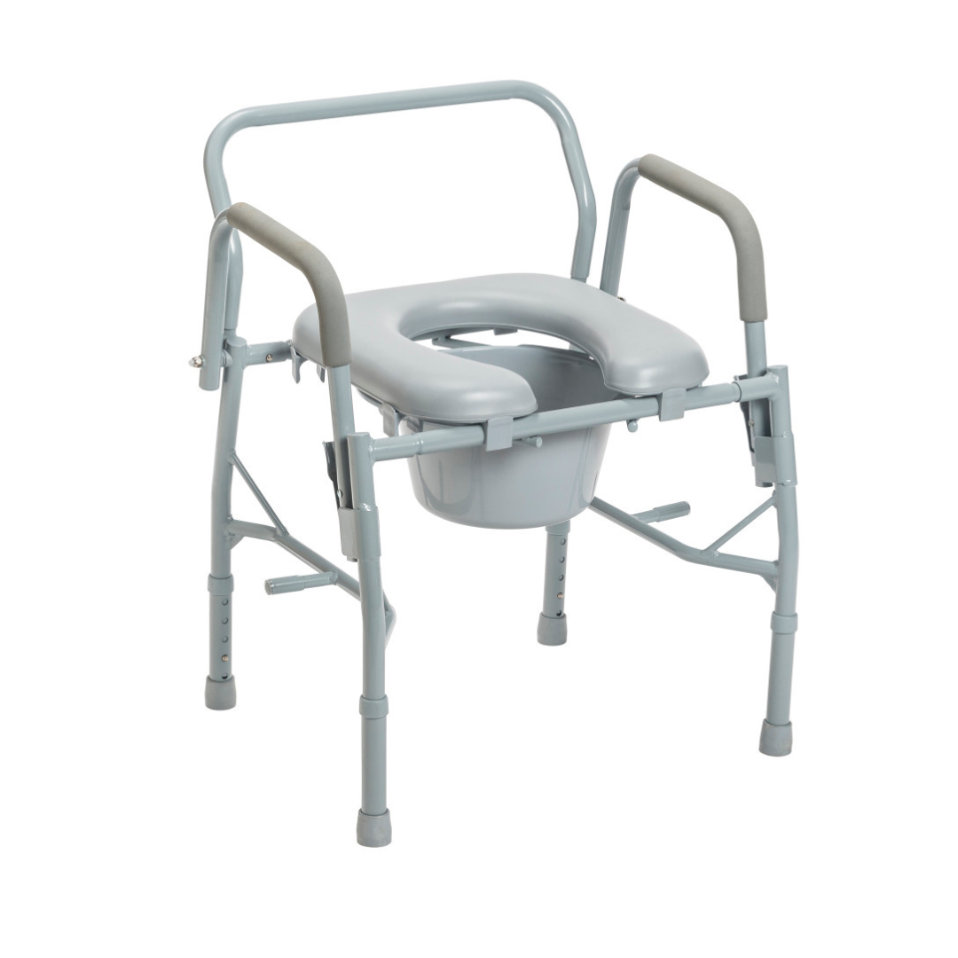 The Drive Drop Arm Steel Commode with Padded Seat is a portable gray bedside chair featuring four adjustable legs, padded armrests, and a removable bucket under the seat for comfort and convenience.