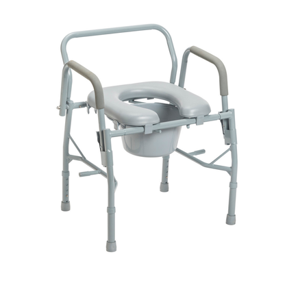 The Drive Drop Arm Steel Commode with Padded Seat is a portable gray bedside chair featuring four adjustable legs, padded armrests, and a removable bucket under the seat for comfort and convenience.