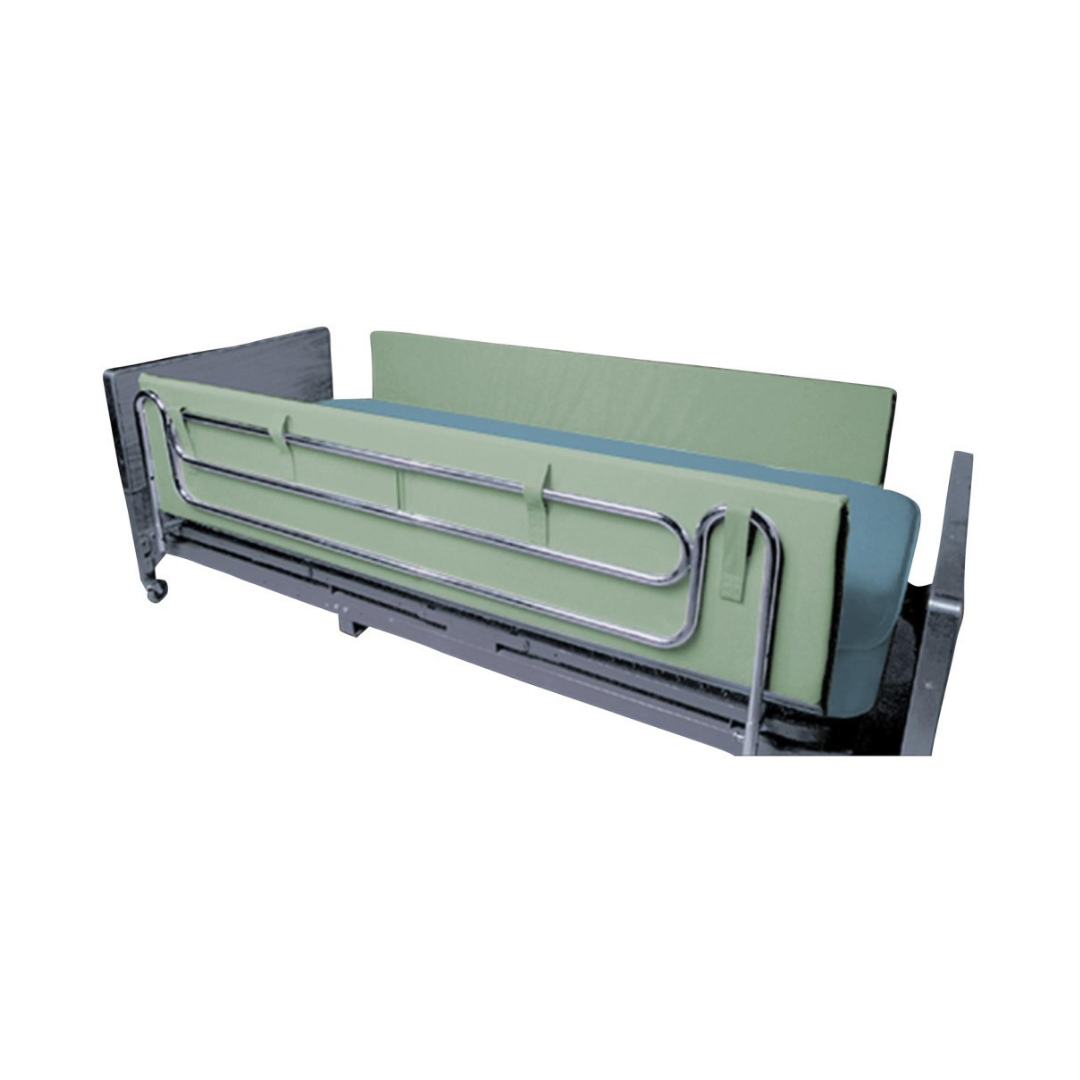 Light green 14″ × 48″ × 1.5″ Drive Medical Foam Bumper Pads for Full Length Bed rails attached to the metal side rail of a hospital bed for cushioned protection.