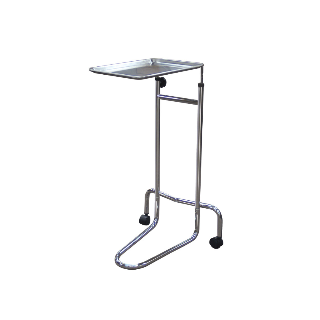 The Drive Medical Mayo-Instrument Stand features a stainless steel rectangular tray top, single upright frame, and wheels for easy mobility, making it ideal for medical use.