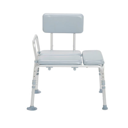 The Drive Medical Bariatric Padded Transfer Bench is a light blue shower bench with a backrest and sturdy metal frame, featuring adjustable height for bathroom safety and bathing assistance.
