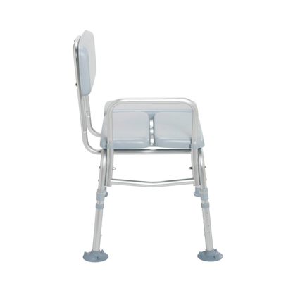 The Drive Medical Bariatric Padded Transfer Bench in light blue and silver features armrests, a padded seat, and a backrest to provide safe and comfortable support during bathroom use.