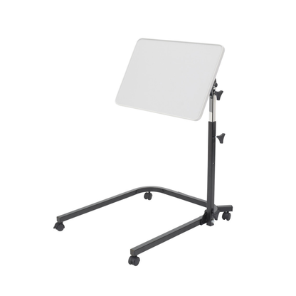 The Drive Pivot & Tilt Overbed Table features a white rectangular surface, black metal frame, and four caster wheels. Its angle and height can be easily adjusted with knobs for customized overbed use.