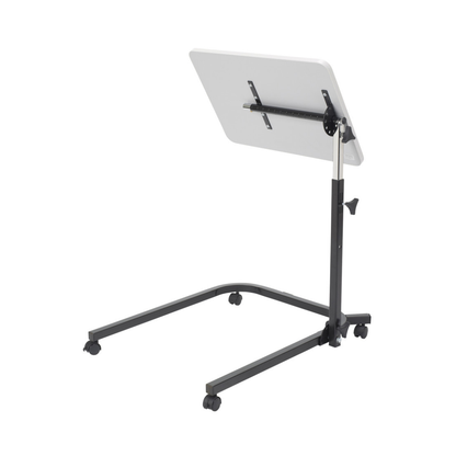 The Drive Pivot & Tilt Overbed Table is a height-adjustable, white table with a self-leveling tabletop, black metal frame, and four caster wheels for easy mobility.