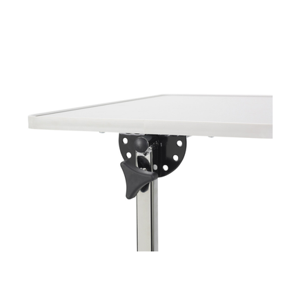 A close-up of the Drive Pivot & Tilt Overbed Table underside shows an adjustable black mounting bracket with a textured knob for angle adjustment, attached to a metal support pole.