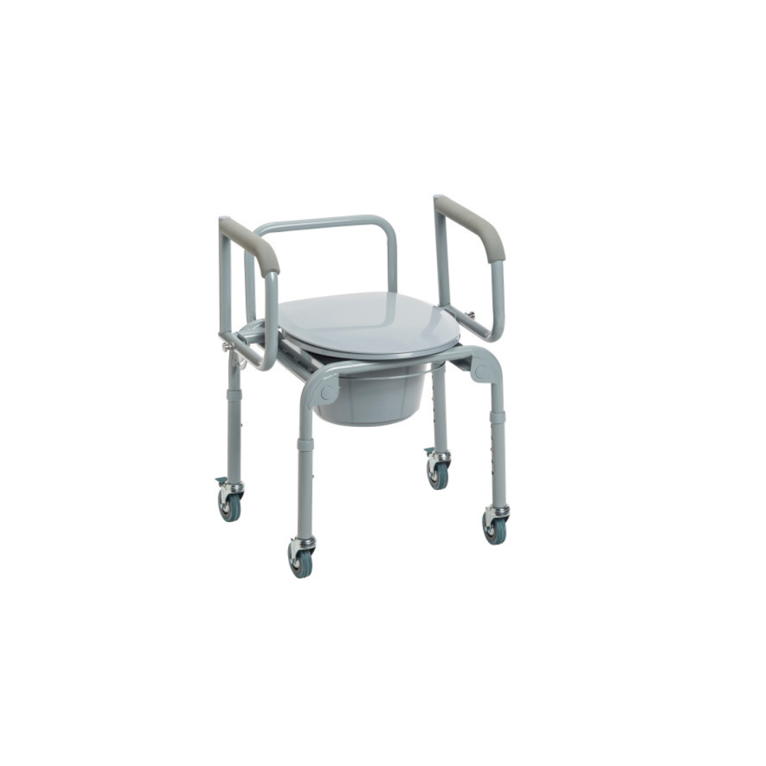 The Drive Steel Drop-Arm Rolling Commode features four wheels, padded armrests, and a removable bucket for convenient mobility and personal care.