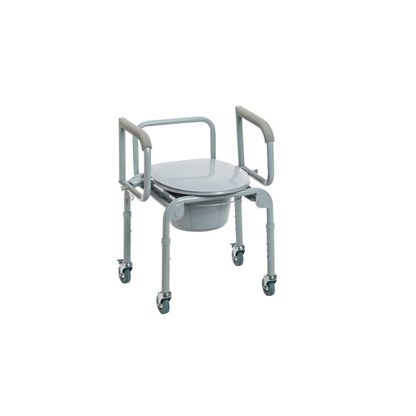 The Drive Steel Drop-Arm Rolling Commode features four wheels, padded armrests, and a removable bucket for convenient mobility and personal care.