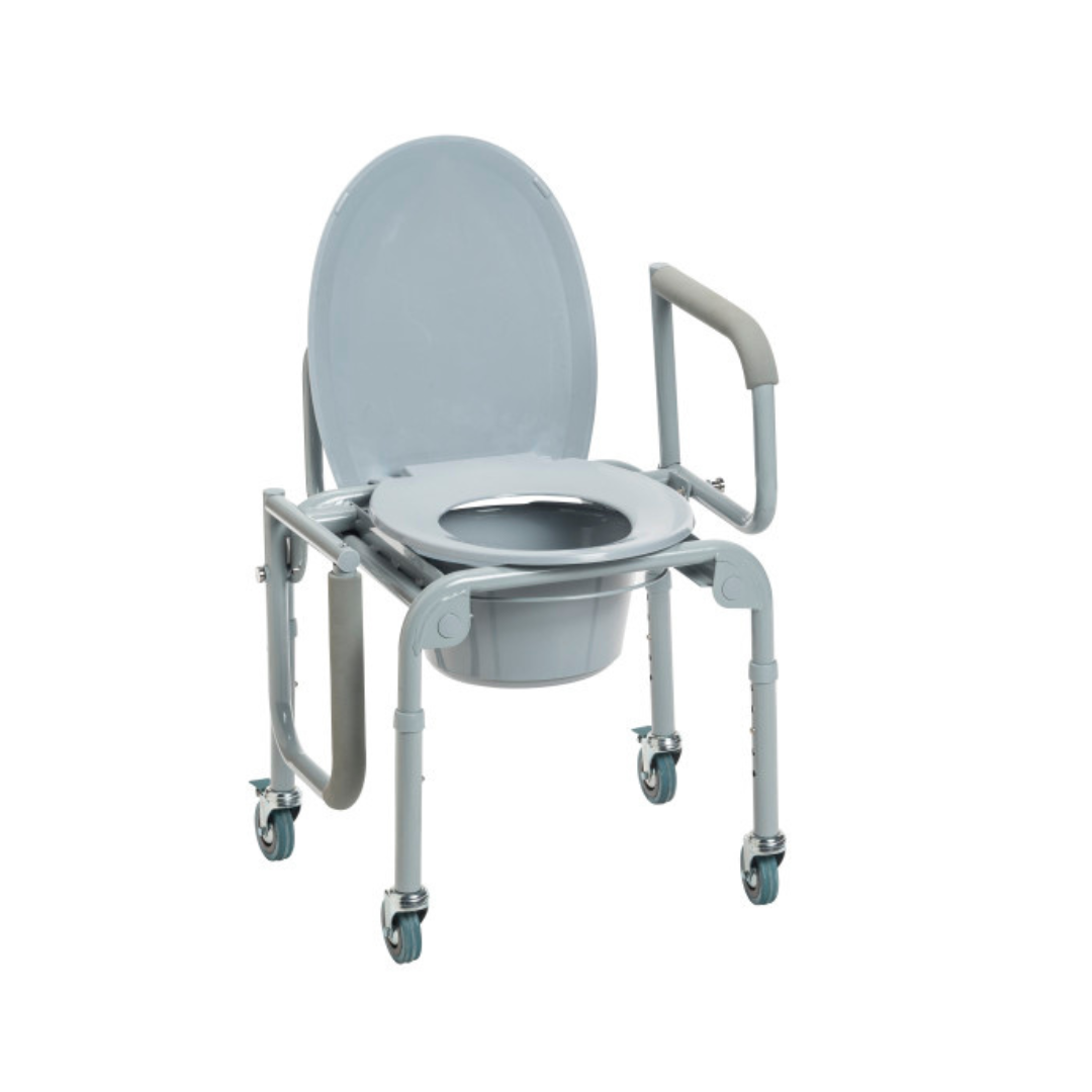The Drive Steel Drop-Arm Rolling Commode with Padded Armrests is a gray bedside chair with wheels, a raised toilet seat, removable bucket, and drop arms for easy side transfers and enhanced convenience.