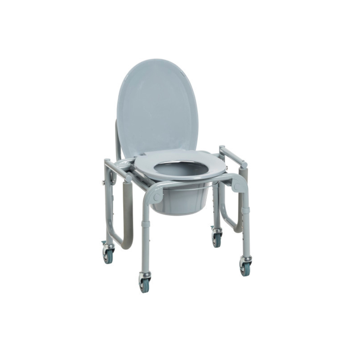 The Drive Steel Drop-Arm Rolling Commode with Padded Armrests is a gray commode chair with a seat opening, drop-arm design, padded armrests, four wheels for mobility, removable bucket, raised toilet seat with lid—ideal as a bedside commode.