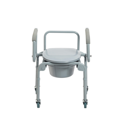 The Drive Steel Drop-Arm Rolling Commode with Padded Armrests features a removable bucket and four wheels for easy mobility, making it a convenient portable bedside commode.