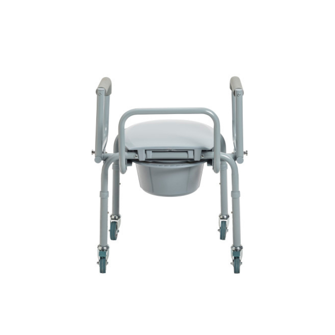 The Drive Steel Drop-Arm Rolling Commode with Padded Armrests is a portable gray chair featuring adjustable arms, a removable bucket, and four wheels for easy mobility, shown from the front.