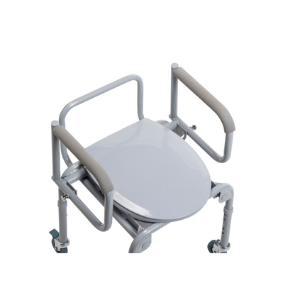 The Drive Steel Drop-Arm Rolling Commode with Padded Armrests is a white and gray portable bedside chair featuring adjustable legs and wheels, shown from above on a plain white background.
