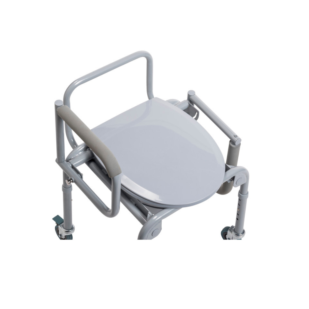 The Drive Steel Drop-Arm Rolling Commode with Padded Armrests is a gray adjustable commode chair with wheels and armrests, designed for patient mobility and support, shown against a white background.