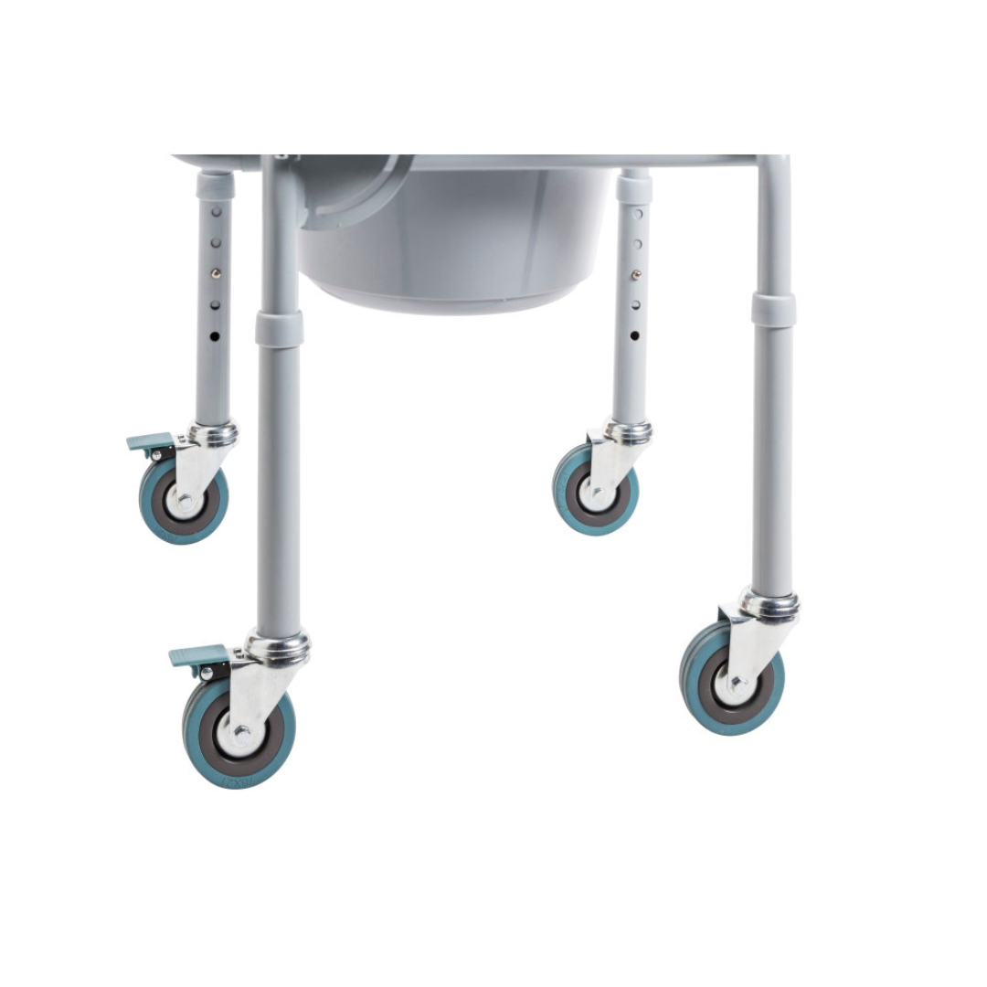 Close-up of four light gray adjustable metal legs with blue and gray locking casters, attached to the Drive Steel Drop-Arm Rolling Commode with Padded Armrests.