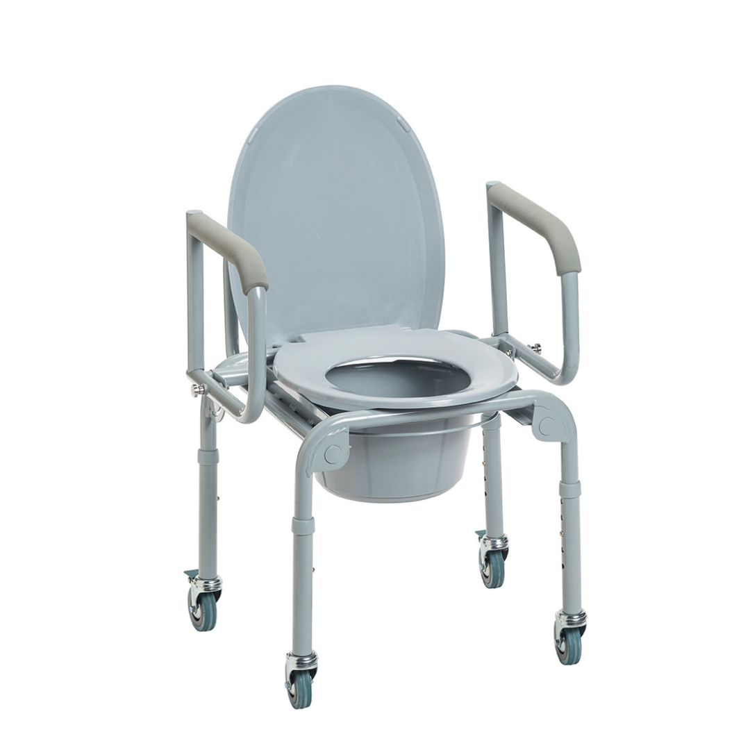 The Drive Steel Drop-Arm Rolling Commode with Padded Armrests is a gray bedside commode featuring a removable bucket, open-center seat, raised lid, and four wheels for easy mobility and accessibility.
