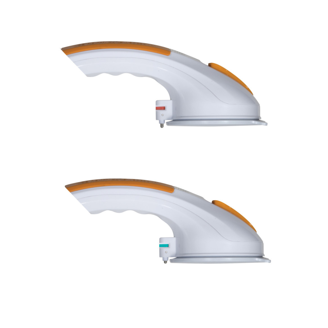 Two Drive Shower Rotating Suction-Cup Grab Bars in white and orange are shown side-by-side, each with a differently colored button—one red, one green—ideal for added shower stability against a white background.