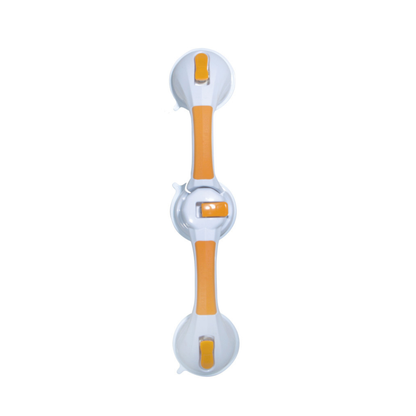 The Drive Shower Rotating Suction-Cup Grab Bar is a white and orange plastic safety handle with two suction cup ends, a center latch, and non-slip grip, designed for securing surfaces, shown against a plain white background.