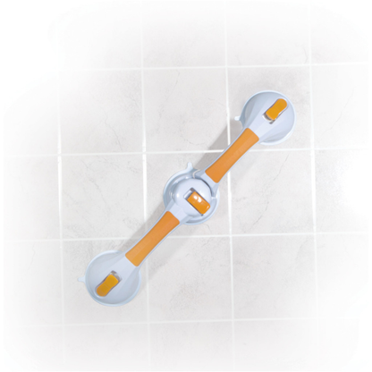 The Drive Shower Rotating Suction-Cup Grab Bar, featuring orange handles and a non-slip grip, is attached diagonally to a tiled wall for added stability and support as a shower or tub grab bar in bathrooms.