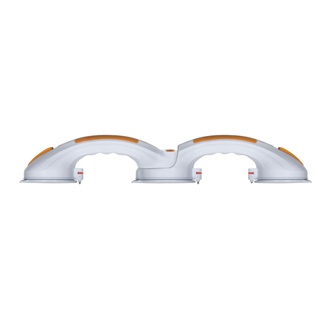 The Drive Shower Rotating Suction-Cup Grab Bar offers stability and support in bathrooms with its white design, orange accents, dual suction bases, and ergonomic non-slip handles for enhanced shower safety.