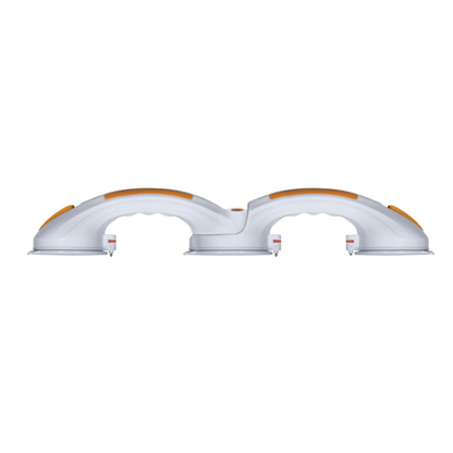 The Drive Shower Rotating Suction-Cup Grab Bar offers stability and support in bathrooms with its white design, orange accents, dual suction bases, and ergonomic non-slip handles for enhanced shower safety.