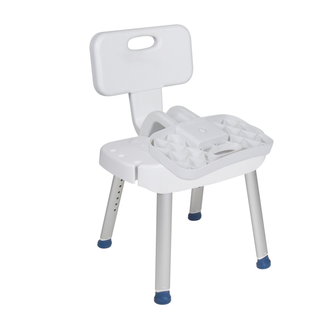 The Drive Shower Chair with Folding Back offers adjustable height, a backrest with handle cutout, blue-tipped legs, drainage slots, and a detachable tray for bath safety and convenience.
