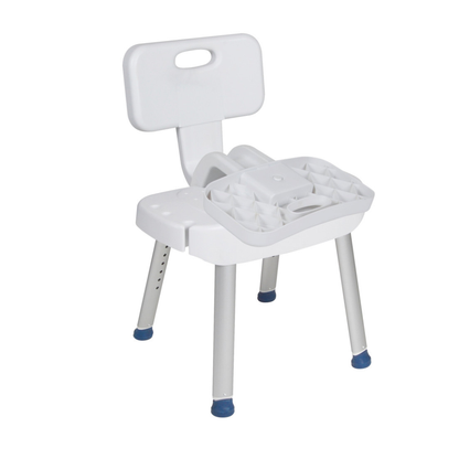 The Drive Shower Chair with Folding Back offers adjustable height, a backrest with handle cutout, blue-tipped legs, drainage slots, and a detachable tray for bath safety and convenience.