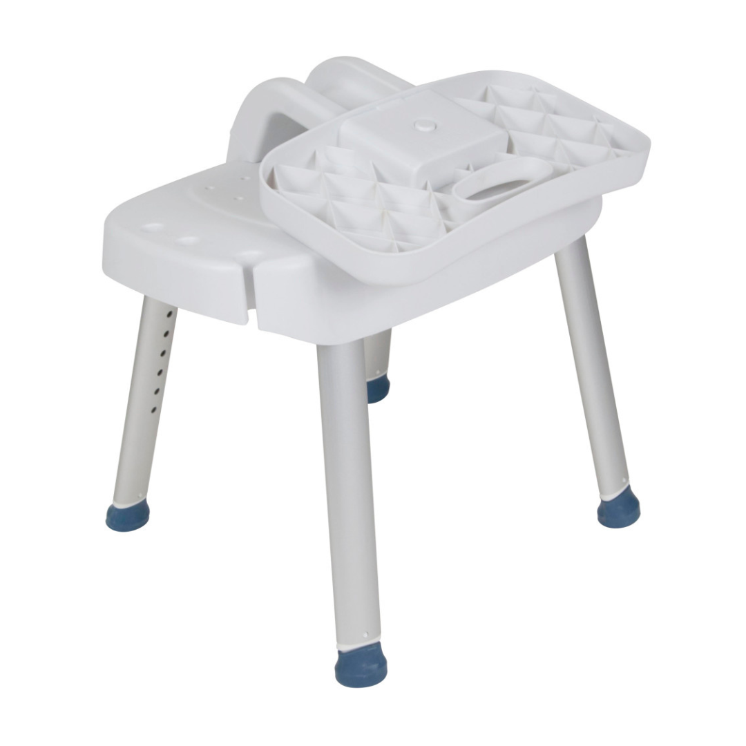 The Drive Shower Chair with Folding Back is a height-adjustable white chair with four metal legs, blue rubber tips, and a removable tray with compartments—designed for safe, convenient bathing and easy toiletry organization.