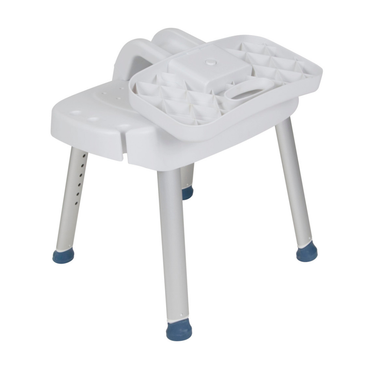 The Drive Shower Chair with Folding Back is a height-adjustable white chair with four metal legs, blue rubber tips, and a removable tray with compartments—designed for safe, convenient bathing and easy toiletry organization.