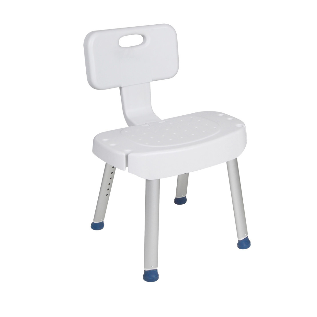 The Drive Shower Chair with Folding Back features a height-adjustable white seat, rectangular backrest, blue rubber-tipped metal legs for bath safety, smooth design, built-in handle, and a folding back for easy storage.