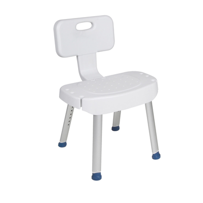 The Drive Shower Chair with Folding Back features a height-adjustable white seat, rectangular backrest, blue rubber-tipped metal legs for bath safety, smooth design, built-in handle, and a folding back for easy storage.
