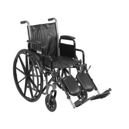 The Drive Medical Silver Sport 2 Wheelchair features a black seat and backrest, large rear wheels, small front wheels, armrests, and elevated padded leg rests with forward-extending footrests for comfort.